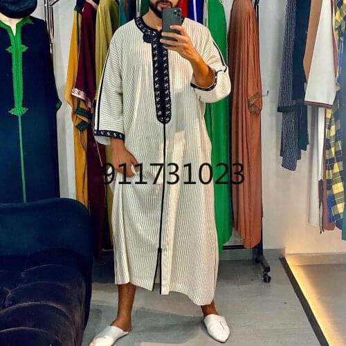 Men Robe Muslim Dresses Long Abaya Kaftan Islamic Fashion Stripe Print Patchwork Shirts Ethnic Mens Clothing Arabic Dress 2021