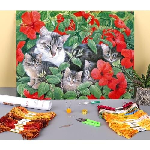 Animal Cat Printed Canvas 11CT Cross Stitch Set DIY Embroidery DMC Threads Handiwork Craft Handicraft Handmade Counted Design