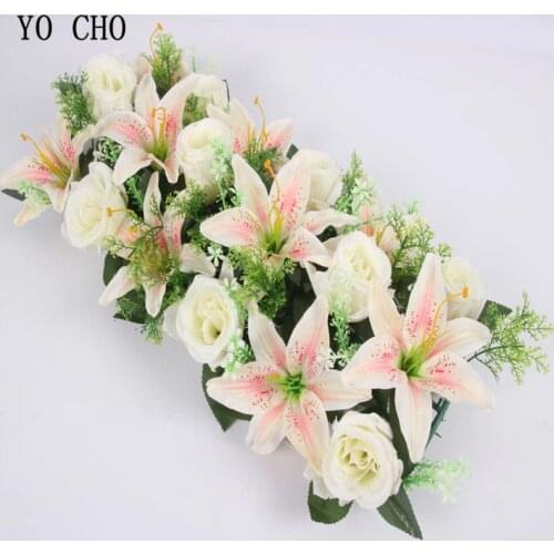 YO CHO Wall Arrangement Wedding Supplies Artificial Silk Rose Lily Flower Row Decoration Romantic Custom DIY Backdrop Arch Decor