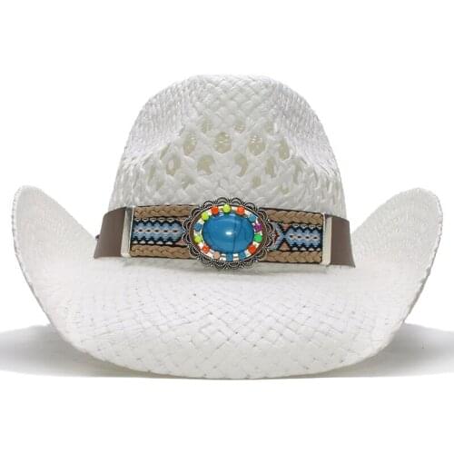 Retro Turquoise Leather Band Casual Hollowed Out Women Men Raffia Straw Wide Brim Beach Cowboy Cowgirl Western Sun Hat (58cm