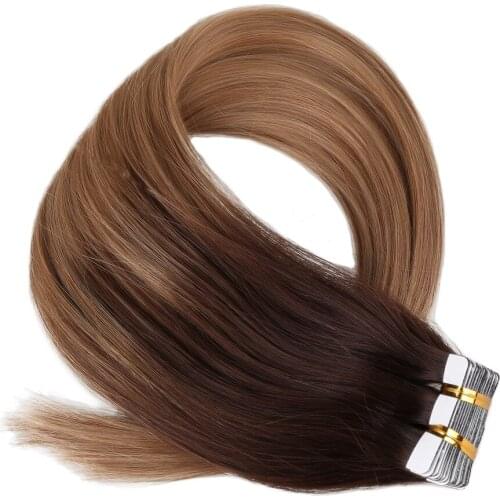 Tape in Hair Extensions Balayage Ombre Machine Remy Real Human Hair for Women Invisible Seamless 2.5g/PCS PU Skin Weft Straight