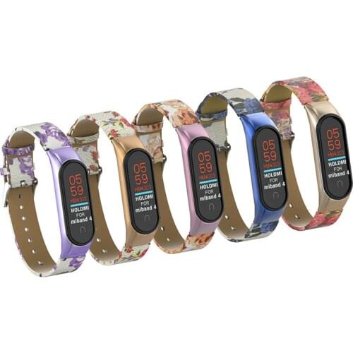 Smart Watch Strap for Xiaomi Mi band 3 Metal Case Colorful Flowers Genuine Leather Replacement Wristband for Xiaomi mi band 4 3