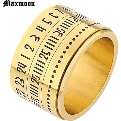 Maxmoon Rotatable 3 Part Numerals Calendar Ring Men Jewelry Stainless Steel Cool Punk Spinner Male Bijoux Band with Date Time