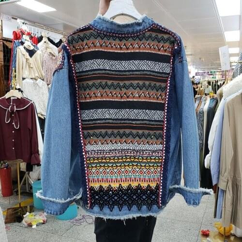Boho Vintage Striped Embroidery Female Denim Jacket Spring Autumn 2021 Loose Casual Lapel Long Sleeve Jeans Jacket Women Outwear