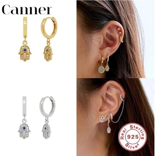 Canner Boho 925 Sterling Silver Hoop Earrings For Women Pendant Palm Shape Zircon Gold Color Earrings Fine Jewelry pendientes W4
