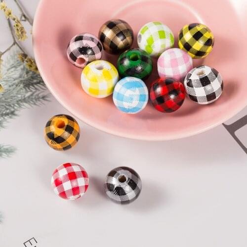 20Pcs Wooden Colorful Grid And Stripes Round Beads DIY Custom Natural Wood Beaded Environmentally Jewelry Baby Toys Accessories