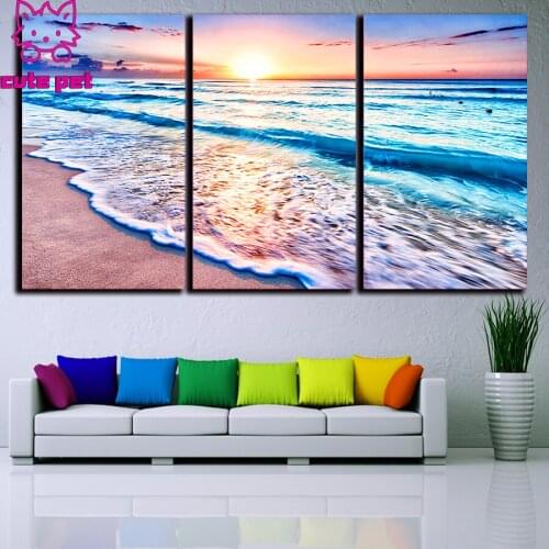 Diamond Painting Cross Stitch Sunset ocean wave scenery Diamond Embroidery5D Diamond Decor Full Square round Drill Handmade 3PCS