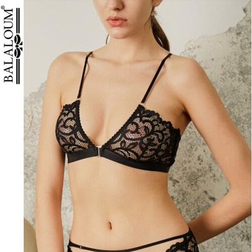 BALALOUM Women Sexy Front Closure Bralette Wire Free Bra Brassiere Sets Lace Hollow Out Lace Up Tempting Underwear Lingerie