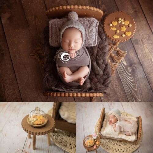 Baby Photography Props Wooden Biscuit Bed Small Table Dessert Mini Props Full-moon Baby Posing Props Sweet Decorations