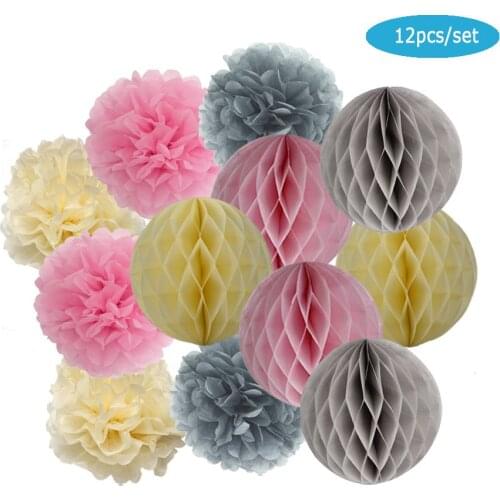 Kids Boy Girl Party Favor Grey Pink Beige Folding Round Paper Honeycomb Baby Shower Wedding Decoration Tissue Pompom 12pcs/Set