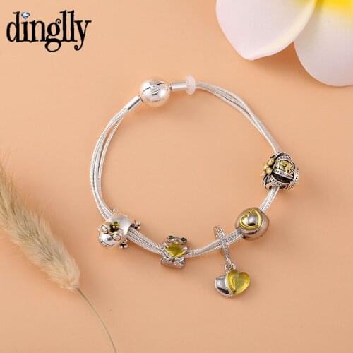 Dinglly Duotone Heart Charm Bracelets For Women Original Frog Crown Beads Bracelet 3 Snake Chain Bangle Jewelry Gift