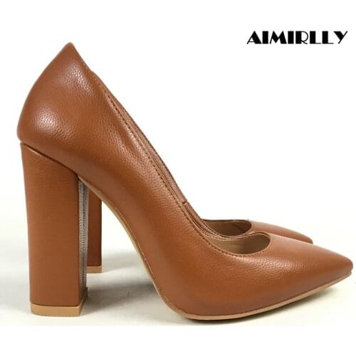 Elegant Womens Shoes Pointed Toe High Heels Pumps Block Heel Ladies Party Work Career Footwear Brown Red Aimirlly
