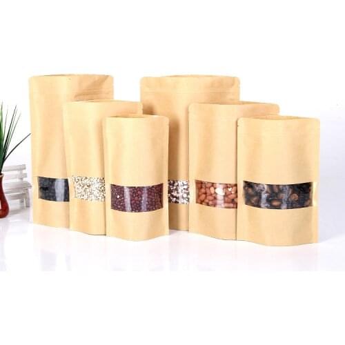 Hot 50pcs/lot Brown Kraft Paper Standup Zipper Bags Ziplock Gift Packaging Bags With Window Foods Candy Coffee Bag Free Shipping