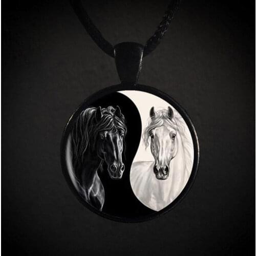 Yin Yang Horse Logo Cabochon Glass Photo Art Medallion Pendant Necklace Leather Chain Statement Handmade Necklace for Women