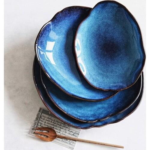 Ceramic Salad Plate Lrregular Food Dish Kitchen Supplies European Blue Glaze Pottery Dinner Plates Household Tableware
