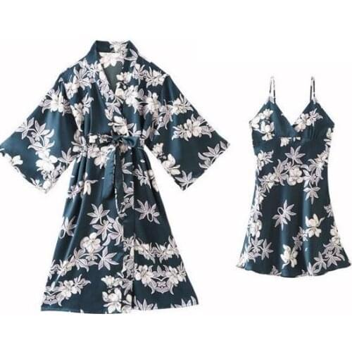 2PCS Robe Set Satin Women Print Kimono Bathrobe Gown Bride Wedding Nightgown Casual Sleepwear Sexy Nightwear Intimate Lingerie