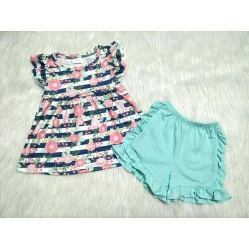 Summer girl clothes flower striped outfits for baby girls flying sleeve t shirt+sky color shorts 2 pcs set