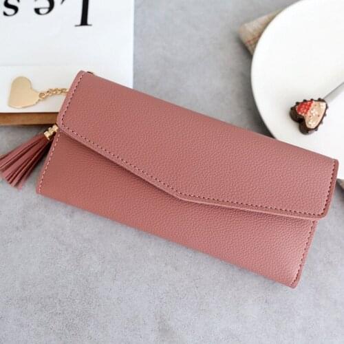 Fashion Long Lichee Pattern Women Wallets Tassel Pendan Phone Bags for Lady Thin Solid Color Simple Design Purse Money Bag