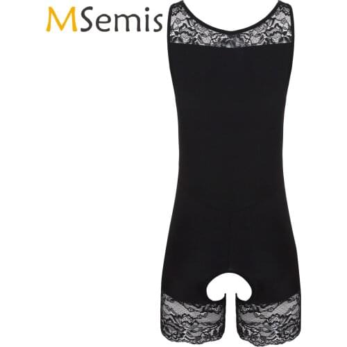 Mens Male Lingerie Crotchless Open Butt Sissy Bodysuit Lace Apparel Lingerie Teddies Patchwork Catsuit Bodyshaper Nightwear
