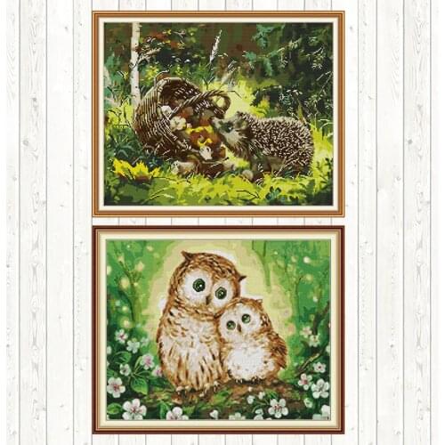 Joy Sunday Cross Stitch Sets Two Owls 2,DIY Printed Embroidery Kits,counted Canvas Little Hedgehog DIY Handmade Needlework Sets