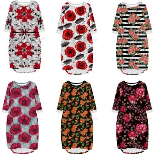 New Fashion 3D Print Long Premium Flowers Pocket Loose Casual Robe Summer Dress Traf For Women V26