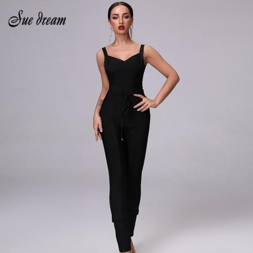 Rayon Bandage Jumpsuit 2021 New Bodycon Summer Workwear Sexy Tight Black Red Dark Blue Lace Sleeveless Christmas Jumpsuit