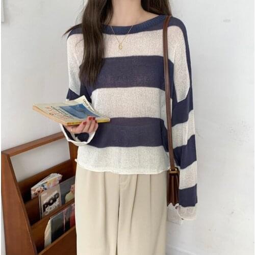 Alien Kitty 2021 Hot Autumn Ladies Sweater Vintage O Neck Stripe Minimalist Casual Long-Sleeved Fashion Elegant Knitted Pullover