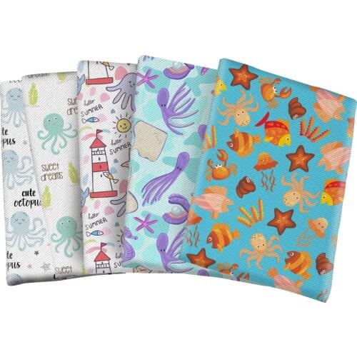 Twill Polyester Cotton Fabric Printed Sea Style Animal Cartoon for DIY Bag Earing Hair Bow Center Making 50*145cm