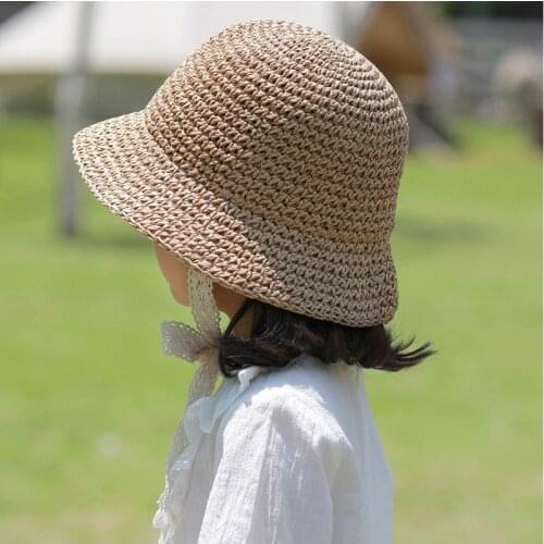 New Summer Korean Baby Straw Hats Lace Strap Crochet Children Foldable Cap Boy Girl Lace Sun Outdoor Beach Hat