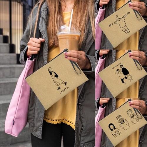 Fashion Girl Print Women Cosmetic Shopping Tote Bag Student BFF Friends Reusable Travel Bags Zipper Makeup Pouch Purse Organizer