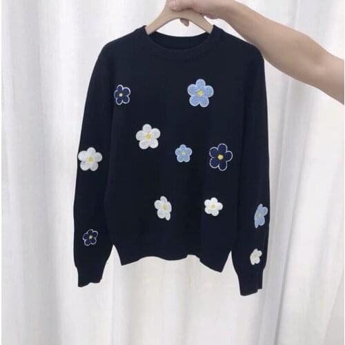Floral Embroidery Autumn Knitted Sweater Women O-Neck Long Sleeve Casual Vintage Jumpers Korean Elegant Pullovers M012