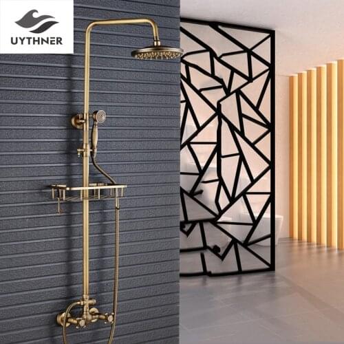 Uythner Antique Brass Bathroom Rainfall Shower Faucet 8" Brass shower head + Commodity Shelf +Clothing & Towel Hooks