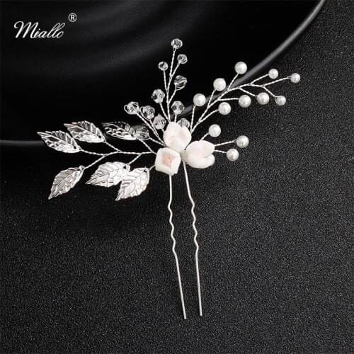 Miallo Newest White Flower Silver Color Leaves Handmade Wedding Hairpins Bridal Hair Pins Jewelry Accessories Crystal Headpieces