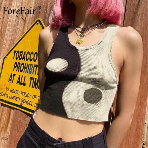 Forefair Y2K Ribbed Patchwork Tank Tops Women Gothic Sleeveless Off Shoulder Short Vest Streetwear 2021