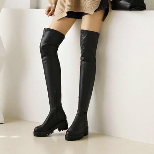 Black Female Spring Autumn Over The Knee Boots Zipper Rider Boots Lady Platform Long Boots Comfortable Thick Heel Women‘s Shoes