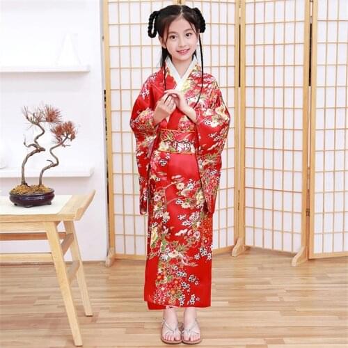 12 Colors Children Kimono Traditional Japanese Style Peacock Yukata Dress for Girl Kid Cosplay Japan Haori Costume Asian Clothes