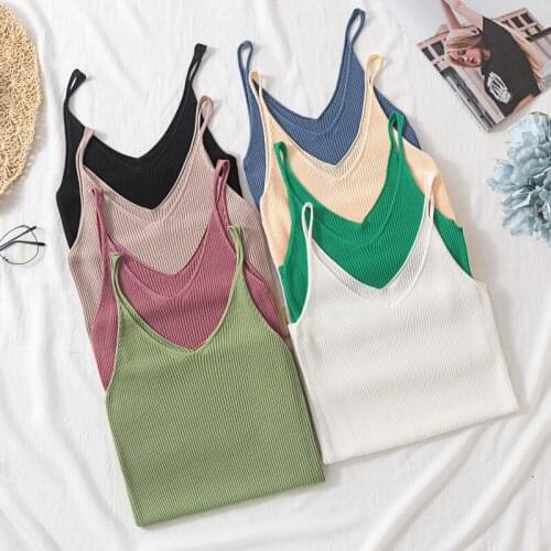 2021 Summer Sexy Knitted Crop Tops Camis Tank Top Women V Neck Solid Color Elastic Camisole Korean Slim Halter Woman Tee