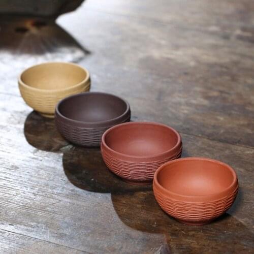 4pcs/set Handmade Crafts Chinese Drink Tea Tool Purple Clay Teacup Set Kung Fu Ceramic Bamboo Knitted Shape Tea Cup