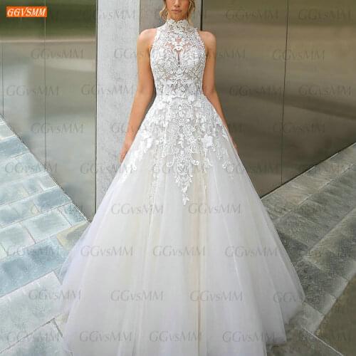High Neck Wedding Dresses White 2021 trouwjurk Sleeveless Lace Appliqued Tulle Ball Gown robe de mariage Custom Made Bridal Gown