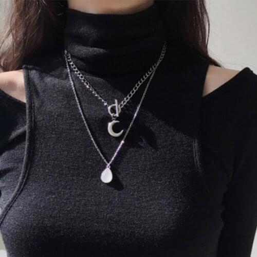 Boho Moon Pendant Necklace for Women Silver Color Round Circle Bar Chain Chocker Multi-layer Jewelry