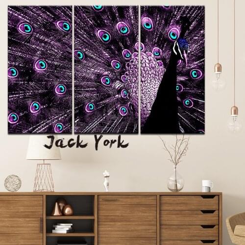 Canvas Painting purple black peacock 3 Pieces Wall Art Painting Modular Wallpapers Poster Print for living room Home Decor