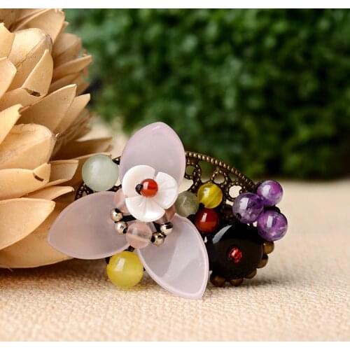 Purple crystal Fashion sea shell vintage brooch,glass glazed flowers ethnic brooch pins, new nature stones brooch