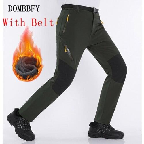 Mens Winter Casual Pants Men Fleece Lining Sweatpants Breathable Warm Mens Waterproof Trousers Zipper Cargo Pants With Belt