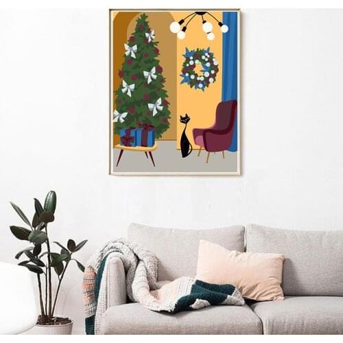 Painting by numbers art Abstract modern lllustration style Christmas and cat luxury Hand-filled color gift decoration