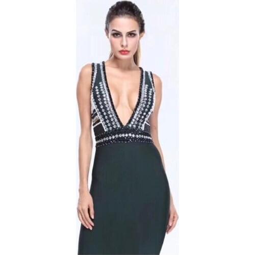 2020 New Summer Bandage Dress High Quality Sexy V Neck Sleeveless Backless Mini Nude Black Bodycon Dresses Women Party Dresses