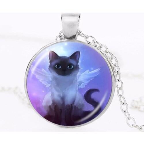Cute Grey Fairy Cat Photo Necklace Angel Wing Cat Pendant Kitten Jewelry Animal Sweater Necklace Glass Dome Jewellery