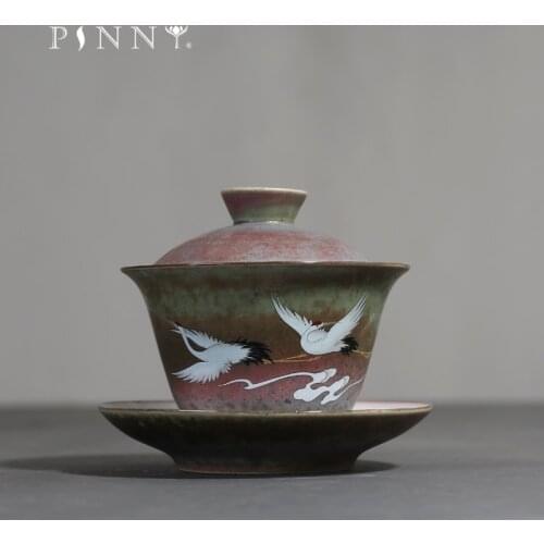 PINNY 140ml Ceramic Klin Crane Gaiwan Retro Kung Fu Tea Bowl Household Household Antique Clay Tea Service