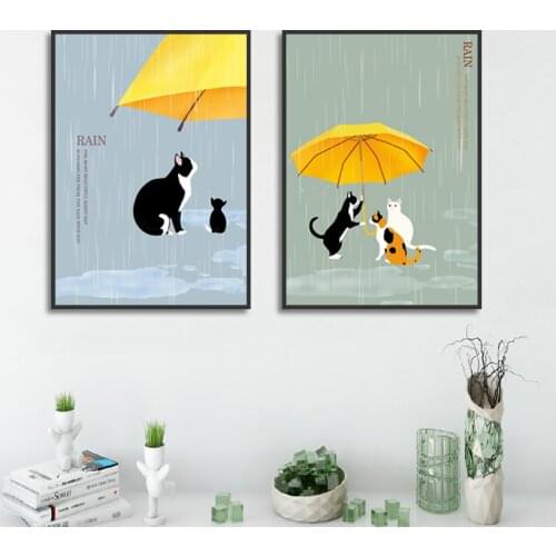 Caring For Animals Poster Poor Cats Got A Yellow Umbrella After Rain 2 Pieces Set Canvas Painting For Living Room Home Decor