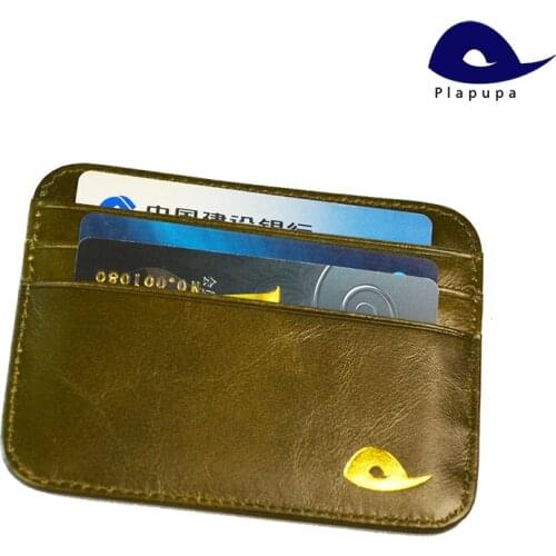 Plapupa 100% Cow Leather Plus Size Vintage Card Holder Gold Logo Horizontal Glossy Round Corner Genuine Leather card case credit