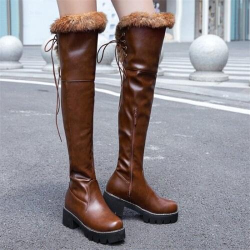 PXELENA 2020 Winter Warm Over The Knee Boots Women Fur Chunky Med Heel Thigh High Riding Knight Boots Lady Shoes Plus Size 34-43